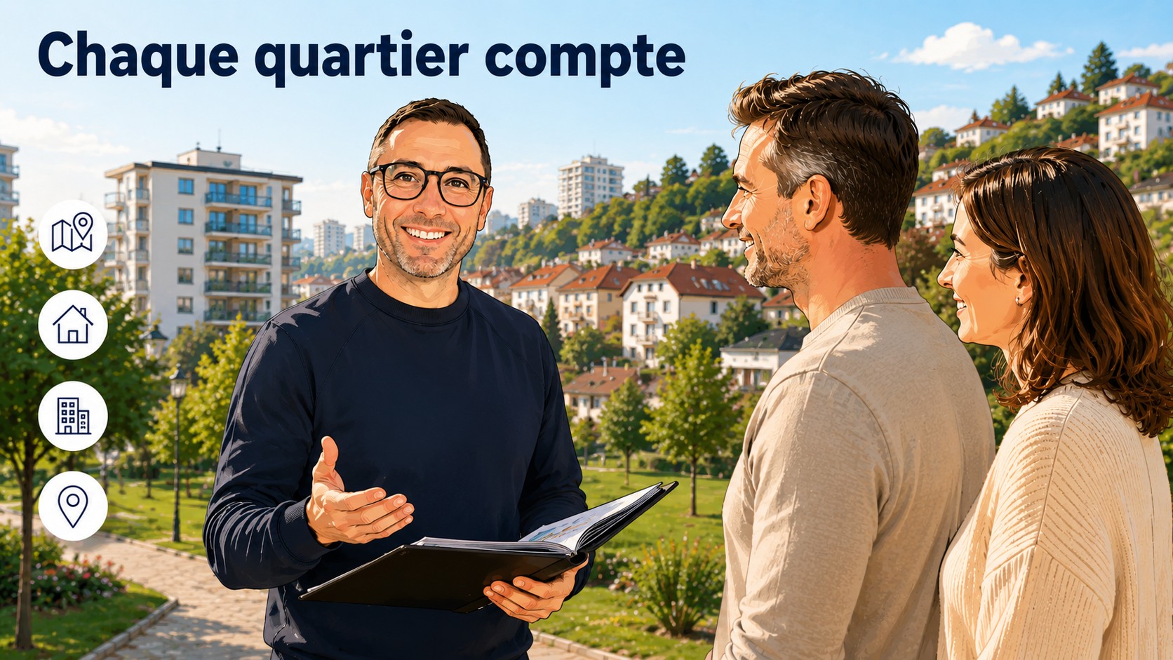 Freddy Moncet présente une carte des quartiers d'Athis-Mons à des propriétaires : chaque quartier compte